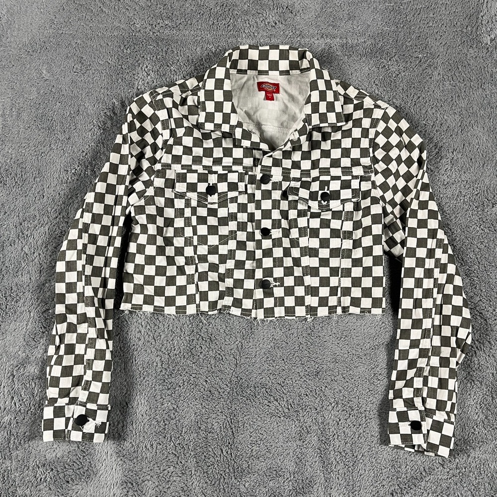 Dickies Denim Jacket Women Medium Gray White Cotton Checkered Cut Off Cropped
